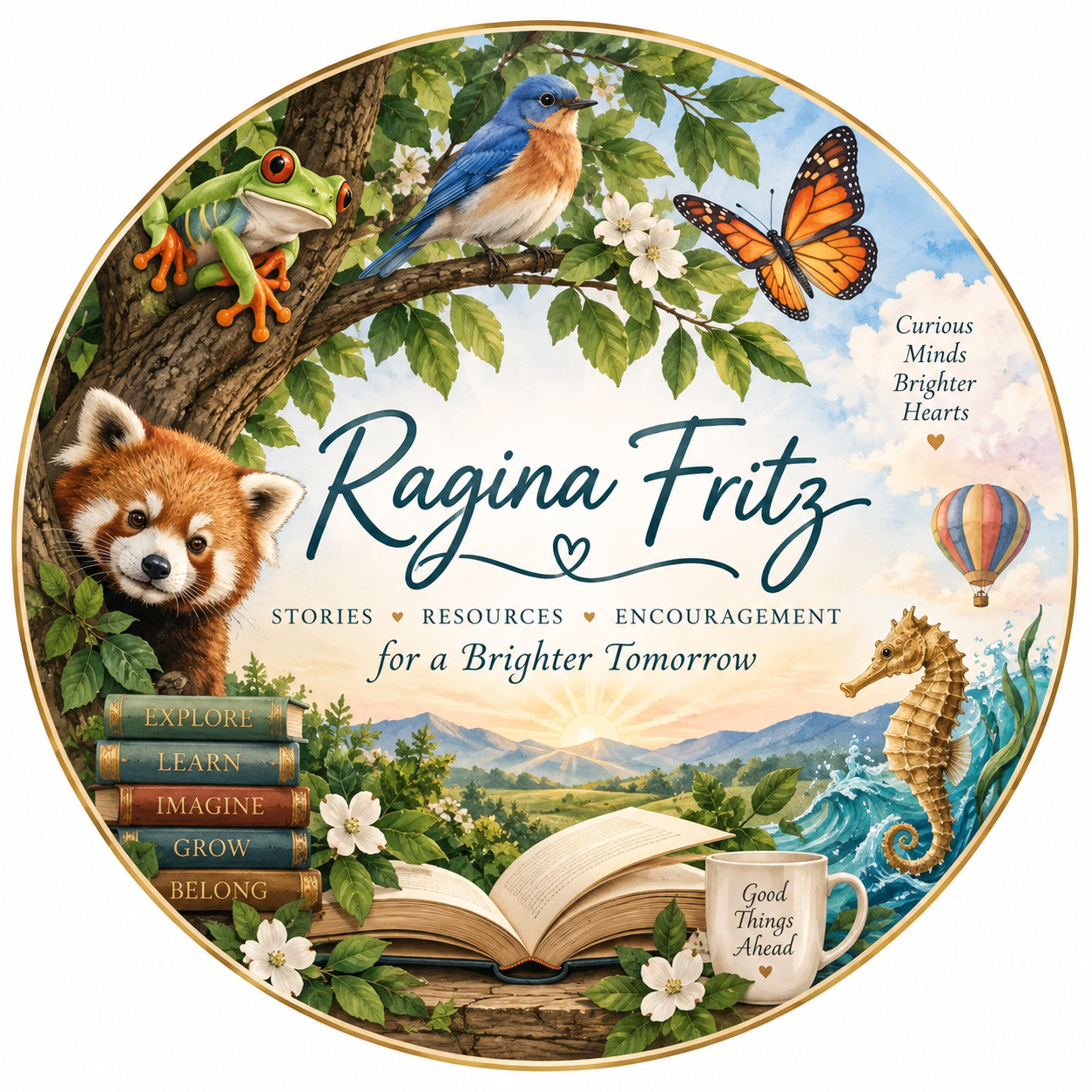 Ragina Fritz illustrated brand emblem featuring books, wildlife and a hot air balloon
